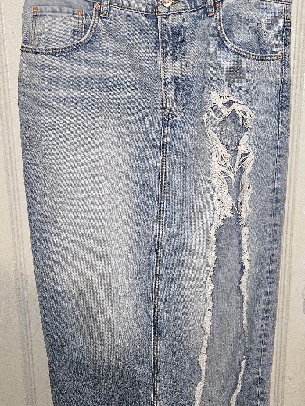 GRLFRND Light Blue Distressed Maxi Denim Skirt